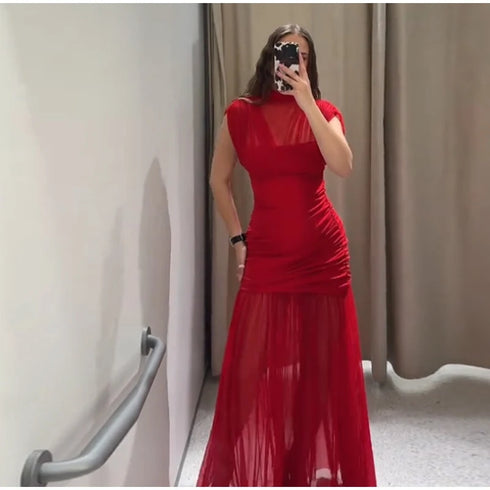Elegant Mesh Patchwork Pleated Long Skirt Dress for Women Slim Evening Party Maxi Dress